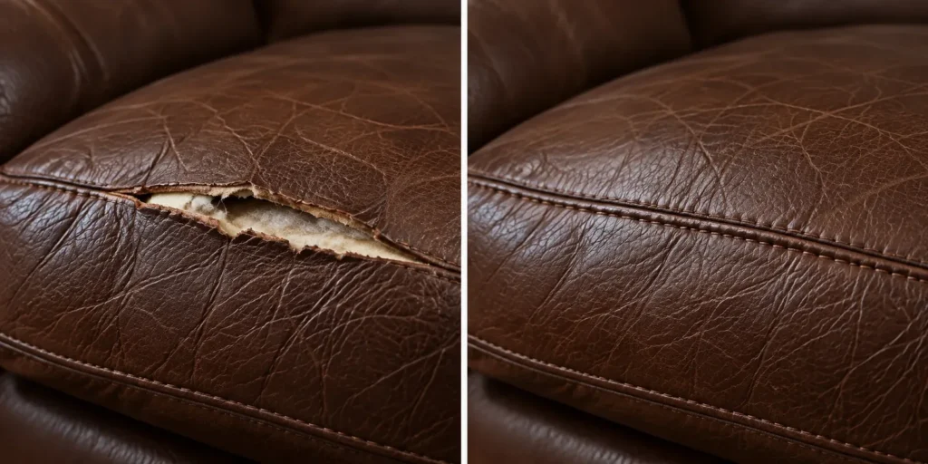 Brown leather cushion edge before and after rip repair