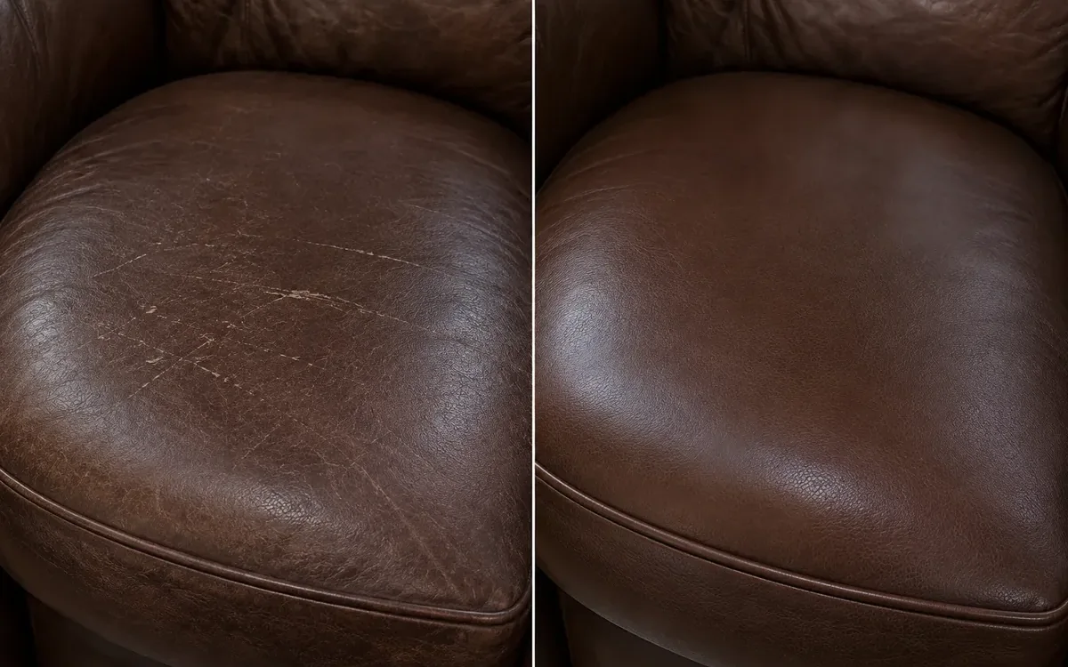 Brown armchair seat: scratches before and after repair