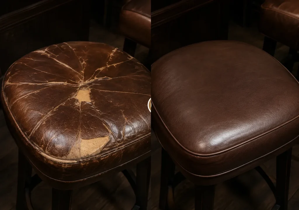 Brown leather bar stool seat before and after