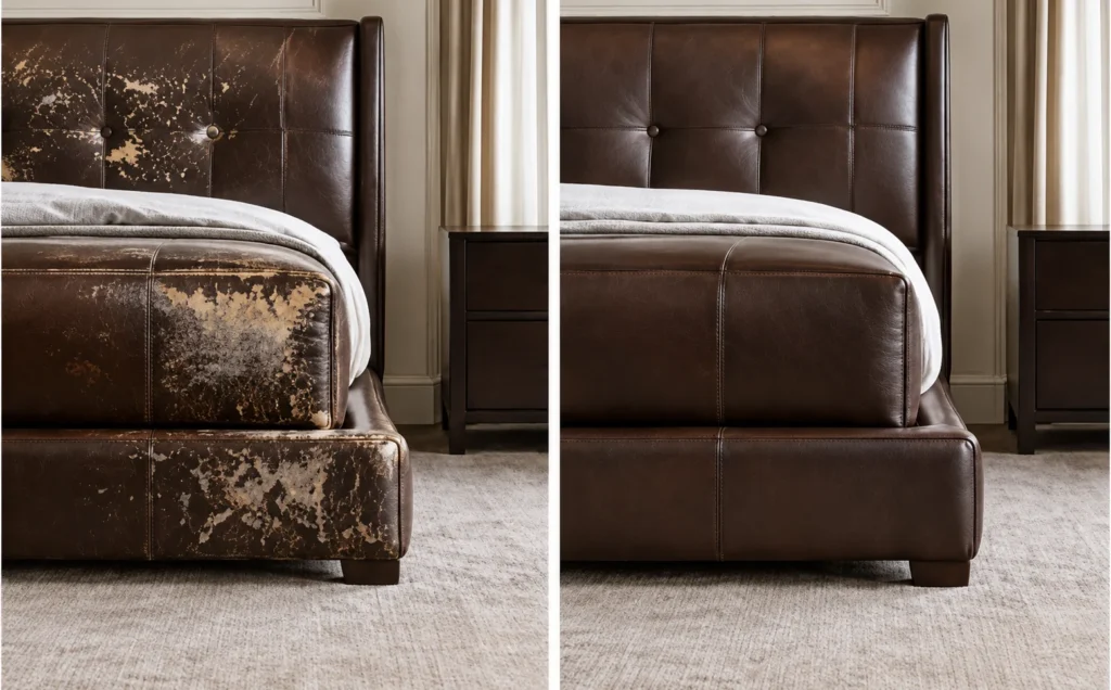 Brown leather bed with flaking finish before and after