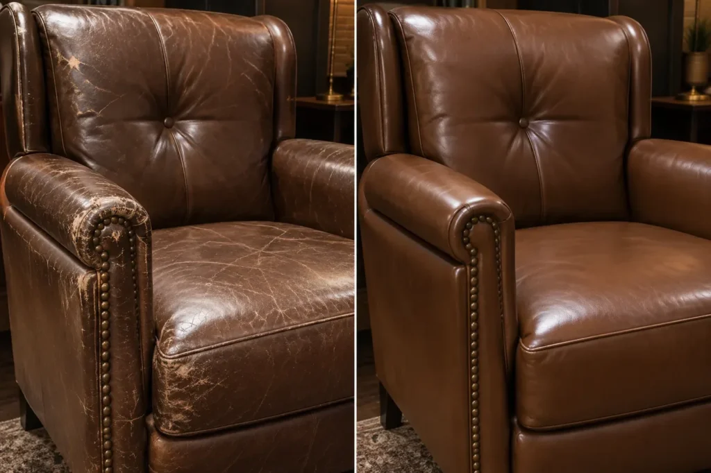 Brown leather club chair before and after scuff repair