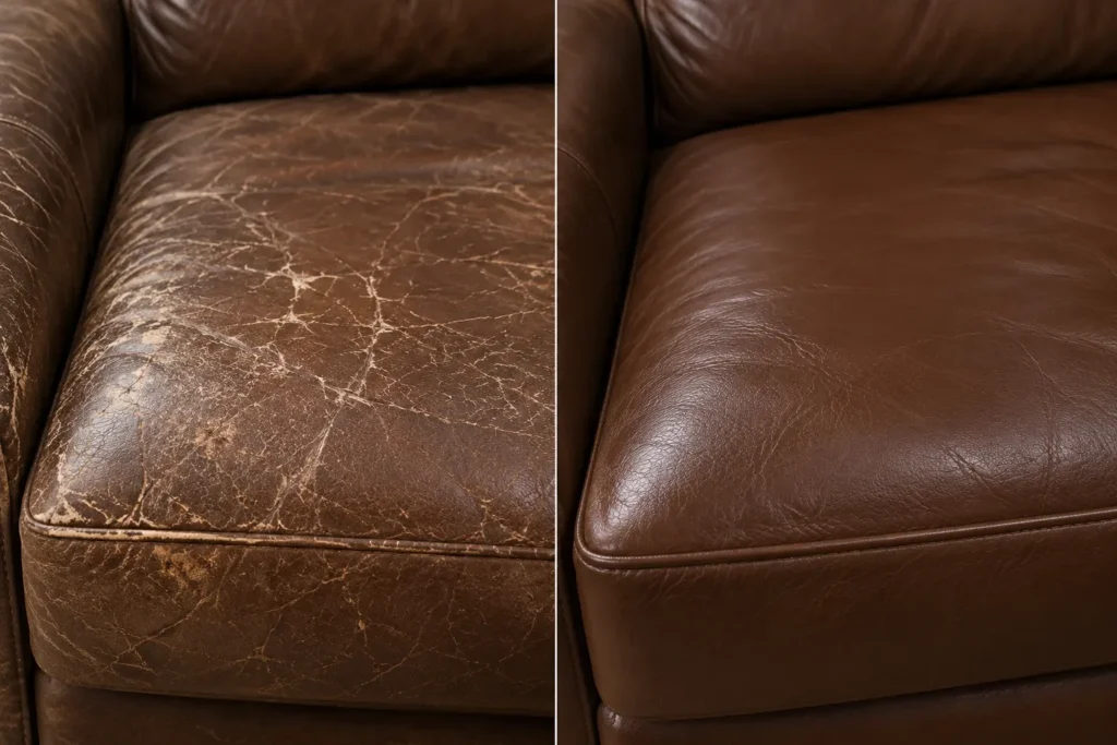 Brown leather seat with spider cracks before and after repair
