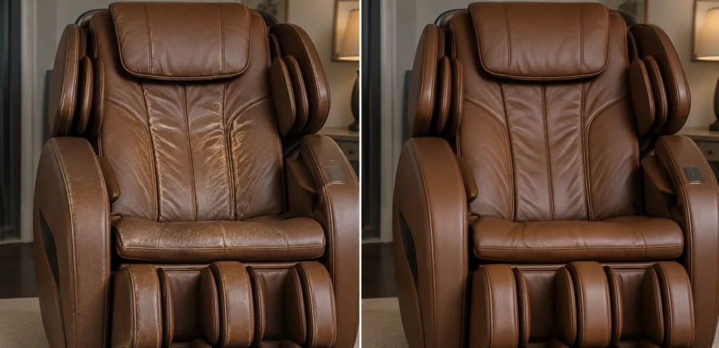 Faded brown massage chair cover, before and after restoration