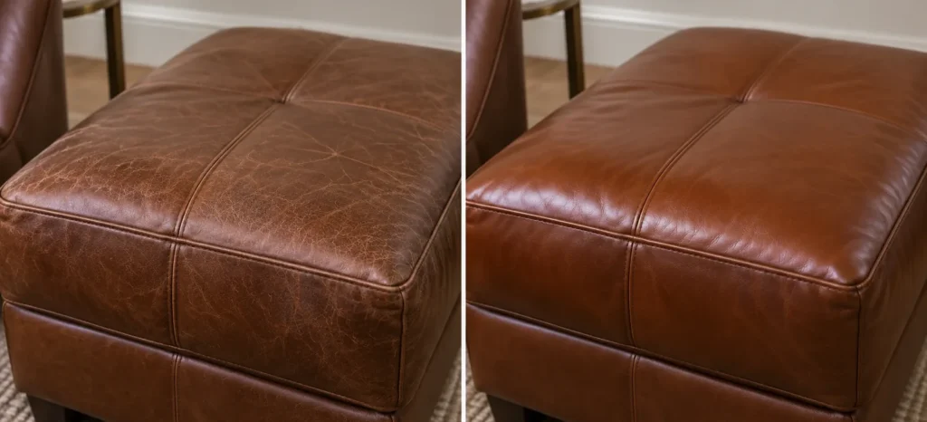 Worn brown leather ottoman, before and after conditioning