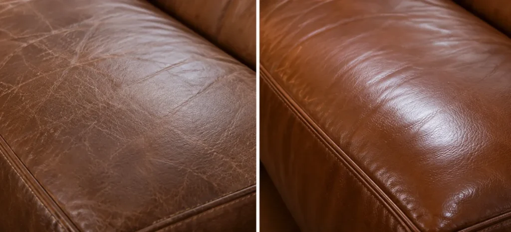 Faded brown leather panel, before and after conditioning