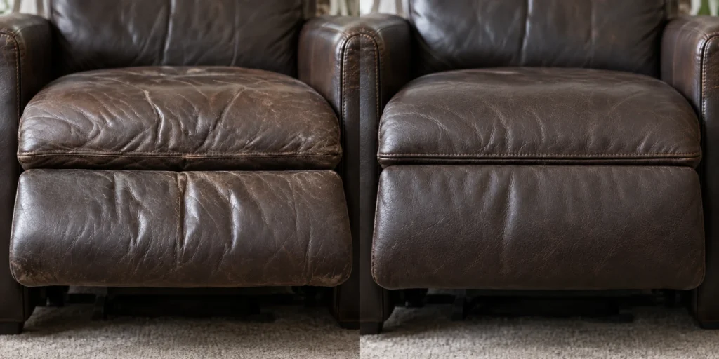 Dark brown leather recliner seat and footrest, before and after panel replacement