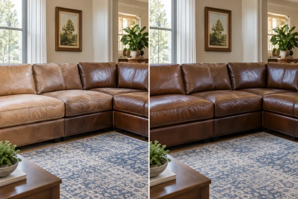 Faded brown leather sectional, before and after color restoration