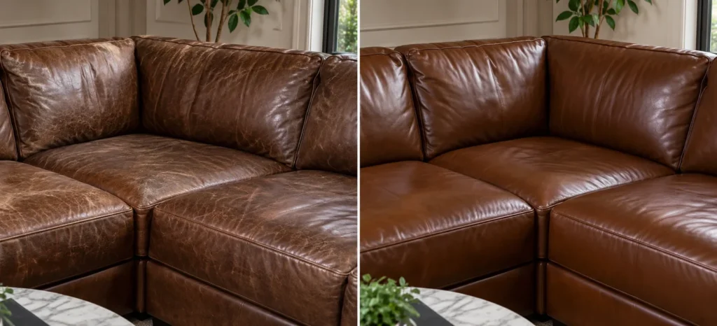 Dry brown leather sectional, before and after conditioning
