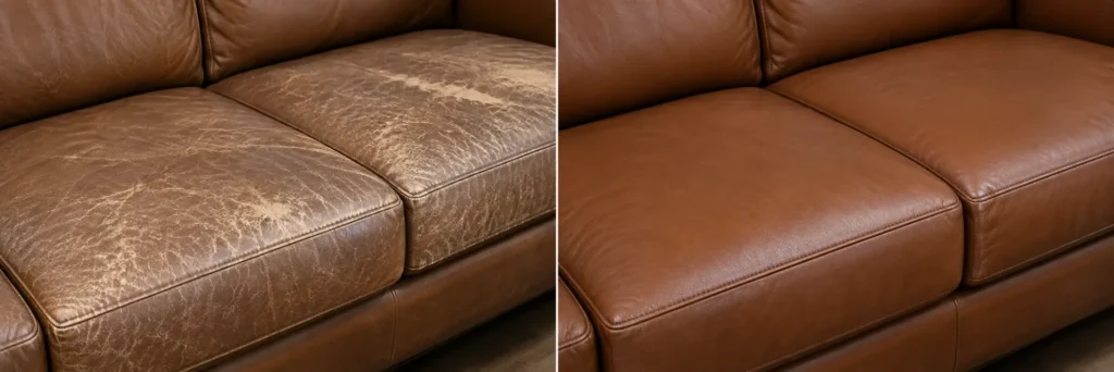 Dry, pale brown leather sofa, before and after color restoration