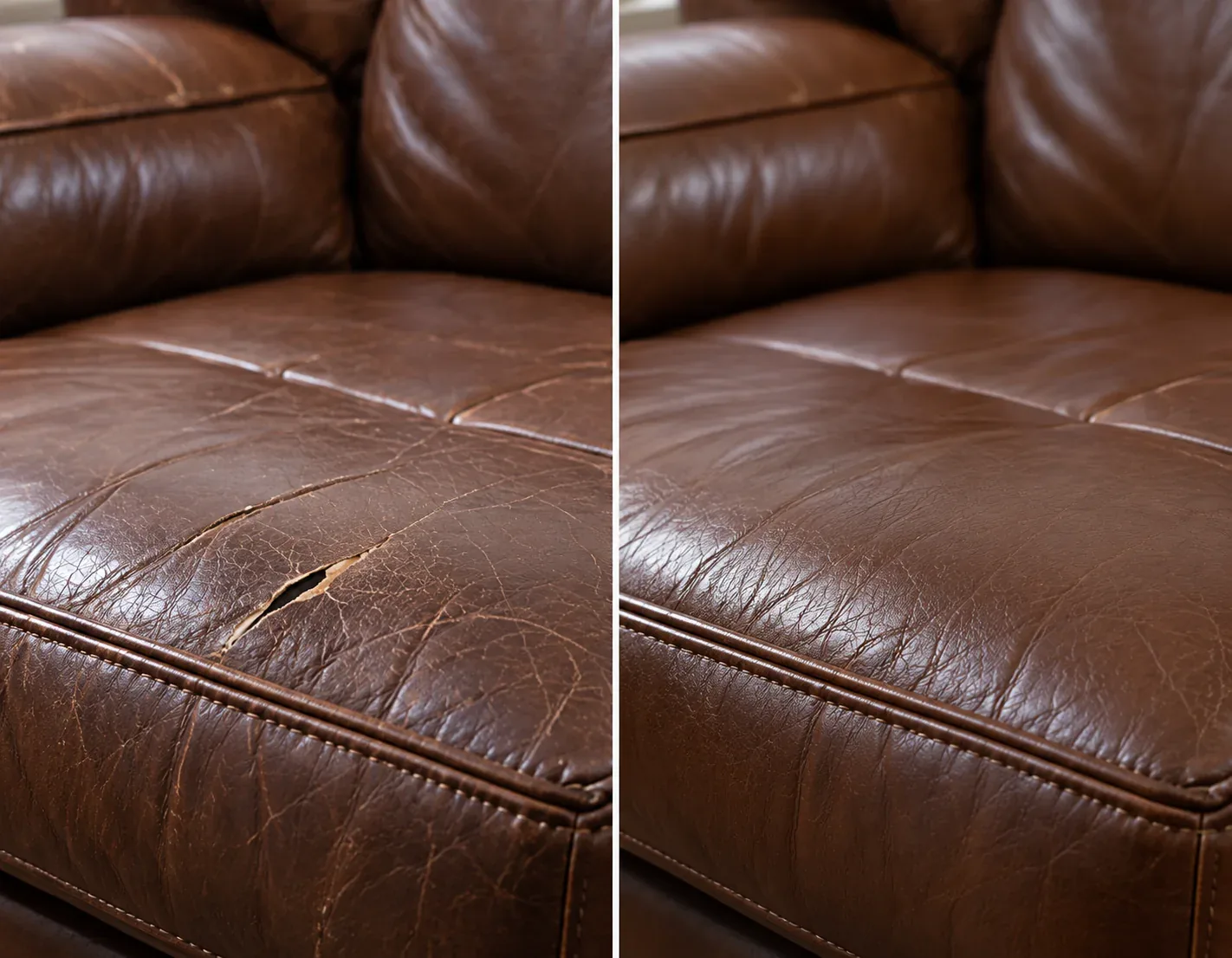 Hole in a brown sofa: tears & holes before and after repair
