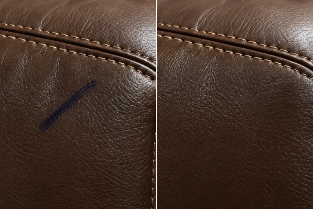 Pen mark by a seam on a brown leather sofa, before and after removal