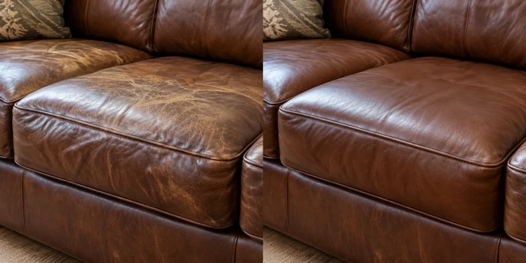 Brown leather sofa seat panel, before and after panel replacement