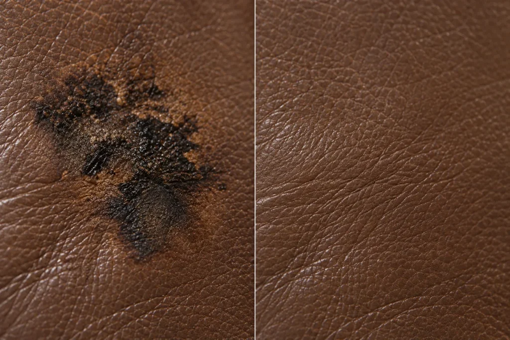 Wide scorch on brown leather before and after repair