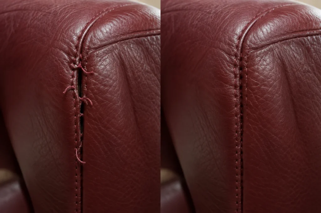 Burgundy leather arm with a split seam, before and after repair