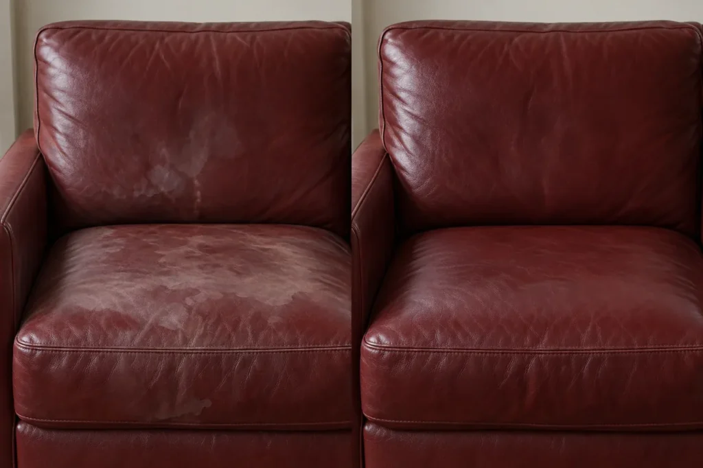 Burgundy leather armchair with water marks, before and after repair