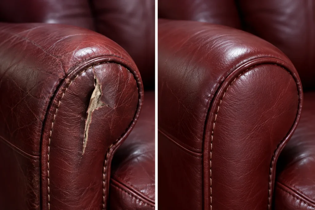Burgundy leather armrest with a split, before and after repair