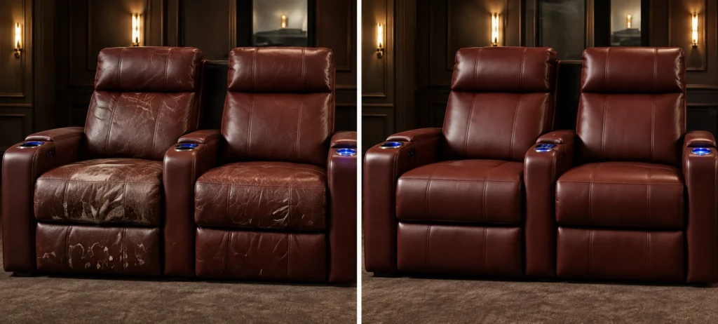 Faded burgundy leather home theater seats shown before and after the repair