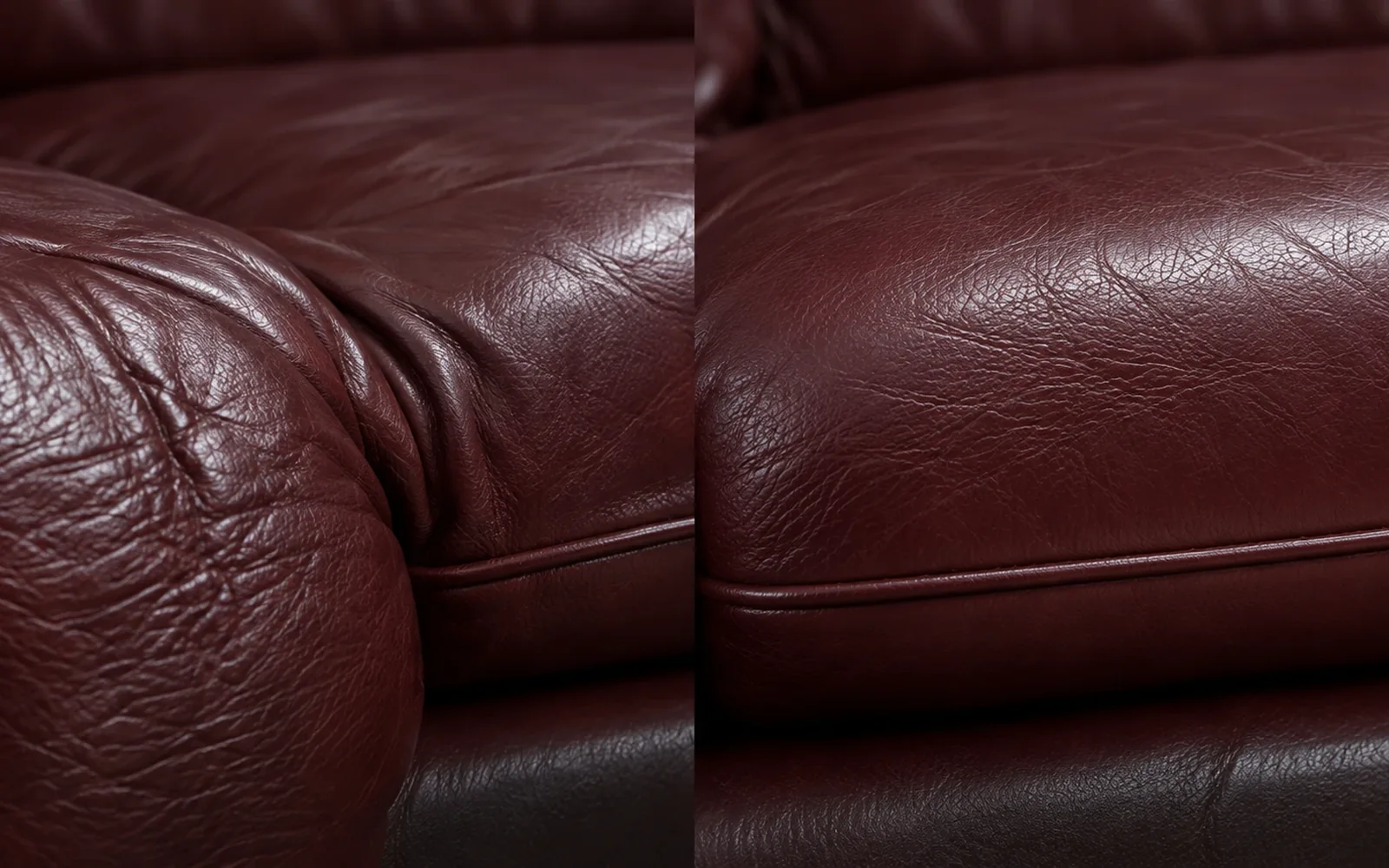 Burgundy cushion, faded: scuffs & wear before and after repair