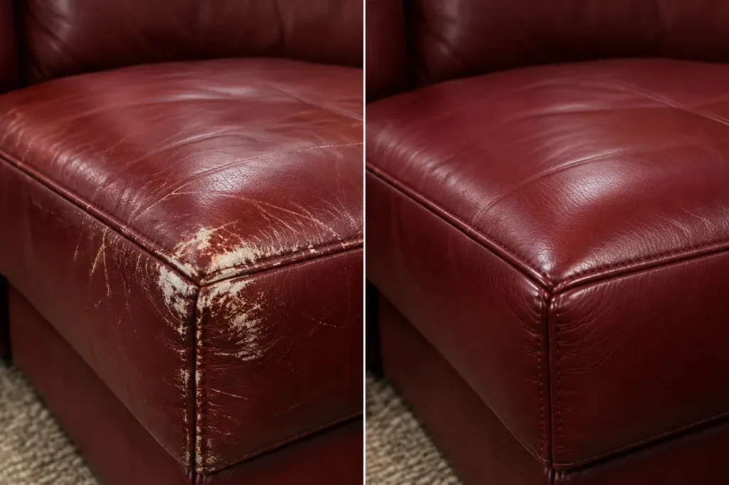 Burgundy leather cushion corner before and after scuff repair