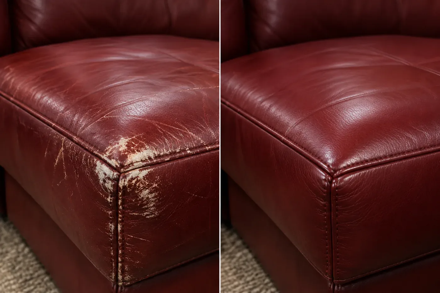 Burgundy cushion corner: scuffs & wear before and after repair