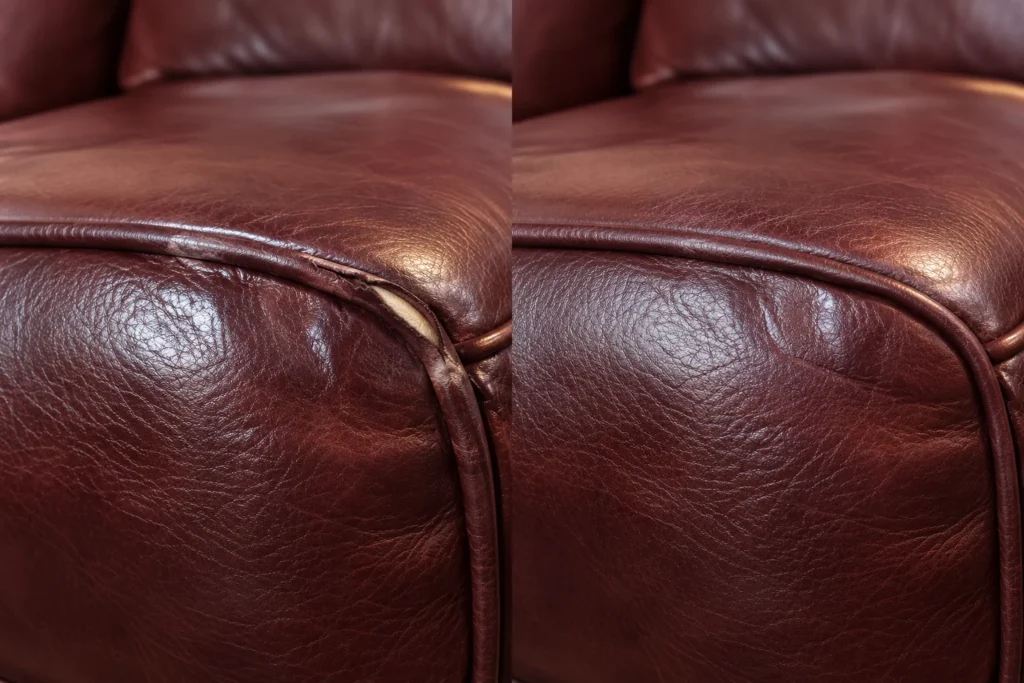 Burgundy leather cushion with split piping, before and after repair