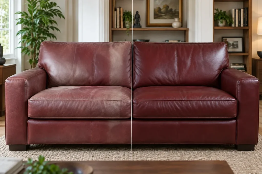 Faded burgundy leather sofa, before and after color restoration