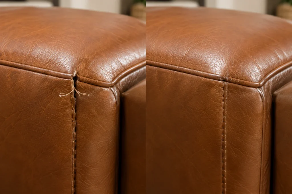 Caramel leather corner with a parted seam, before and after repair