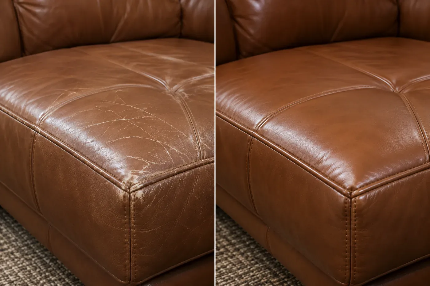 Caramel seat: scuffs & wear before and after repair