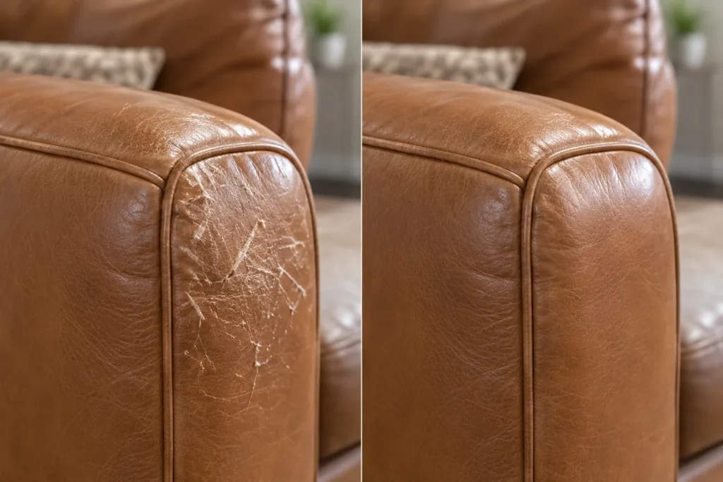 Caramel leather sofa arm, before and after cat scratch repair