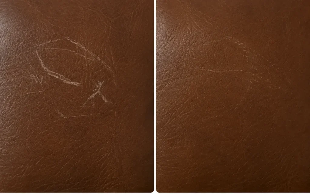 Cat scratches on brown leather before and after repair