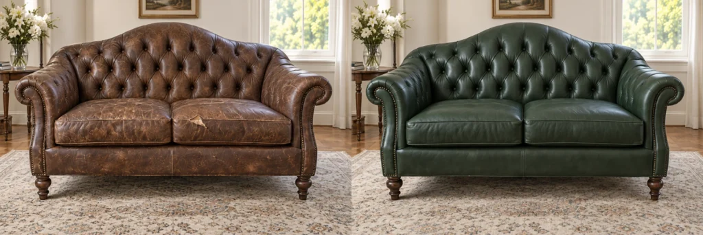 Brown Chesterfield sofa recovered in green leather, before and after