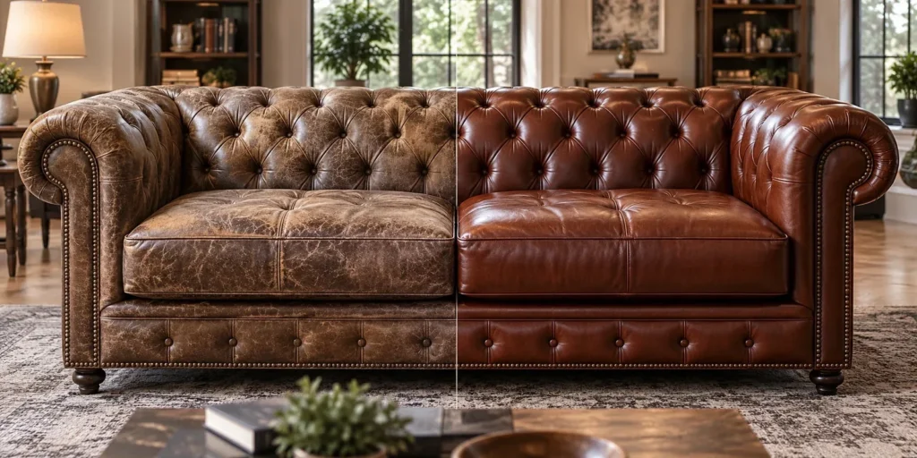 Faded leather Chesterfield, before and after color restoration