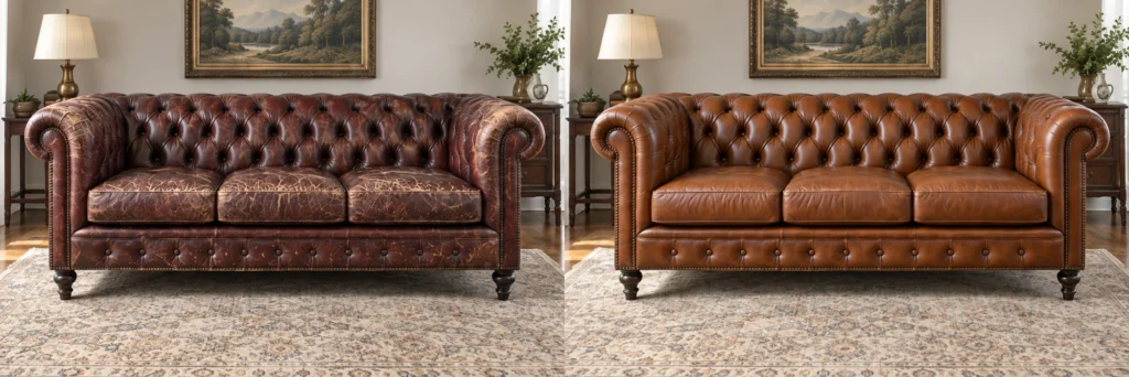 Chesterfield de cuero gastado a tostado, antes y después