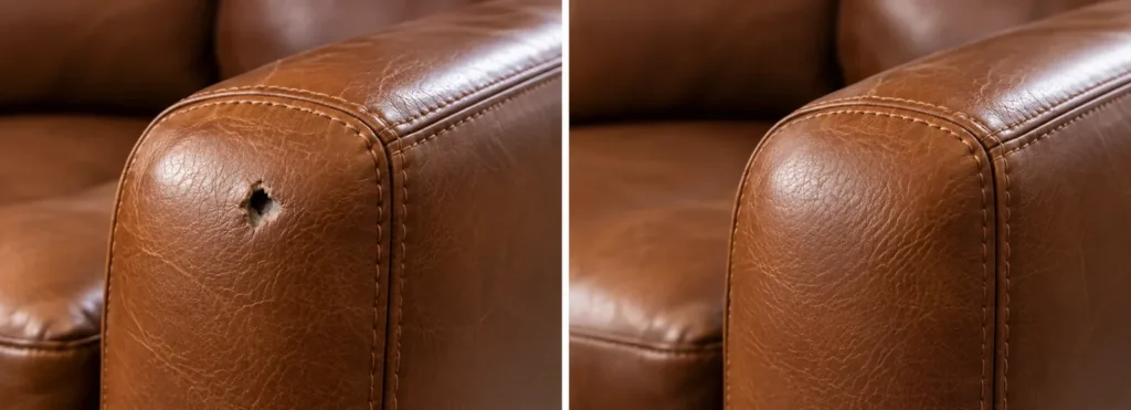Chestnut leather arm with a hole, before and after repair