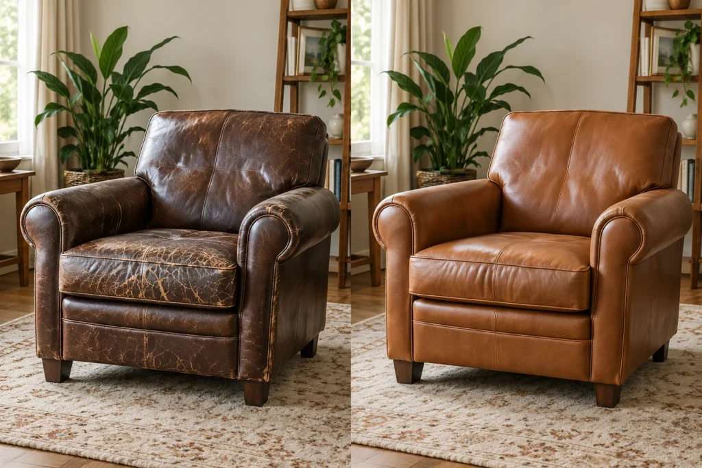 Brown club chair with worn leather, redone in cognac, before and after