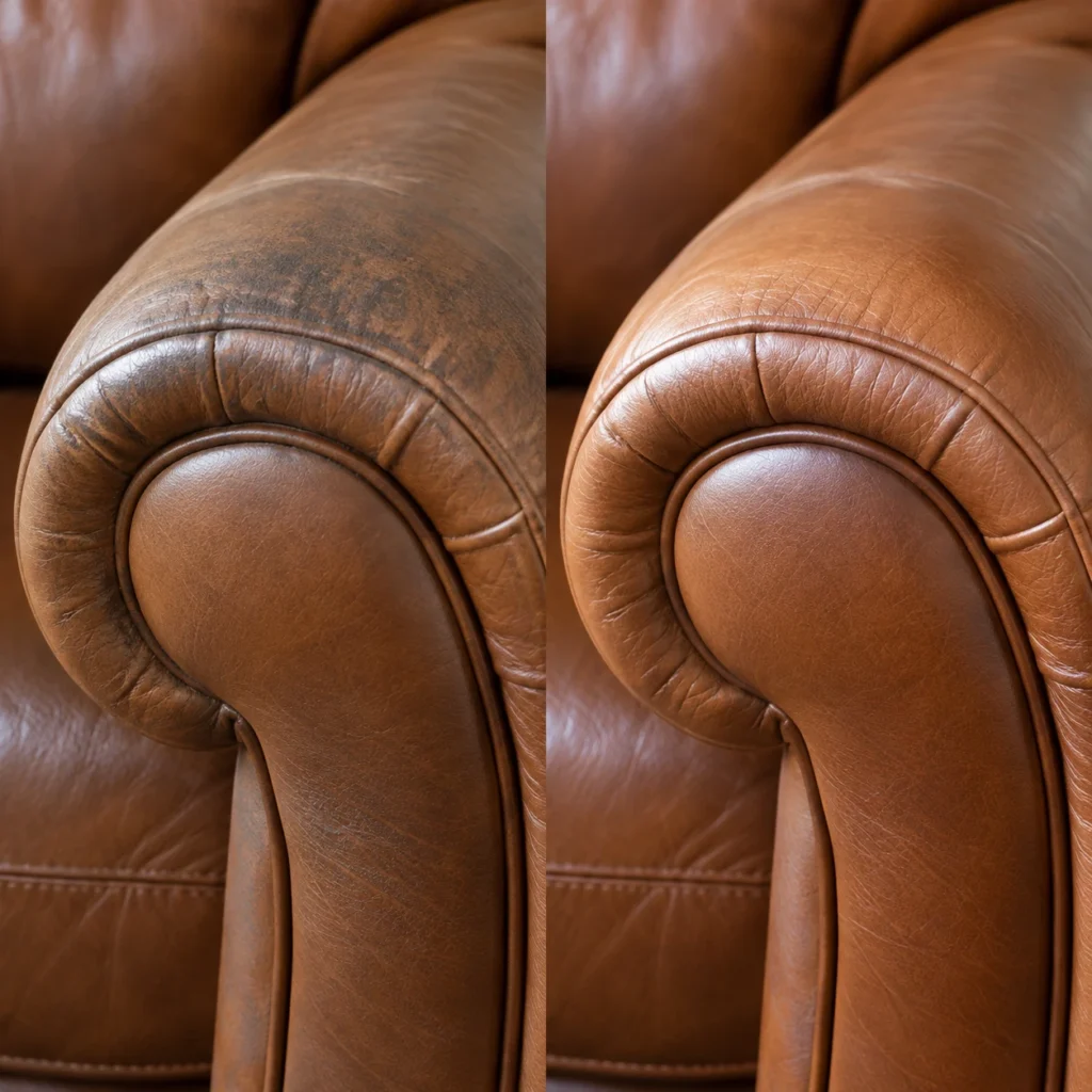 Cognac leather rolled arm darkened with dirt, before and after cleaning