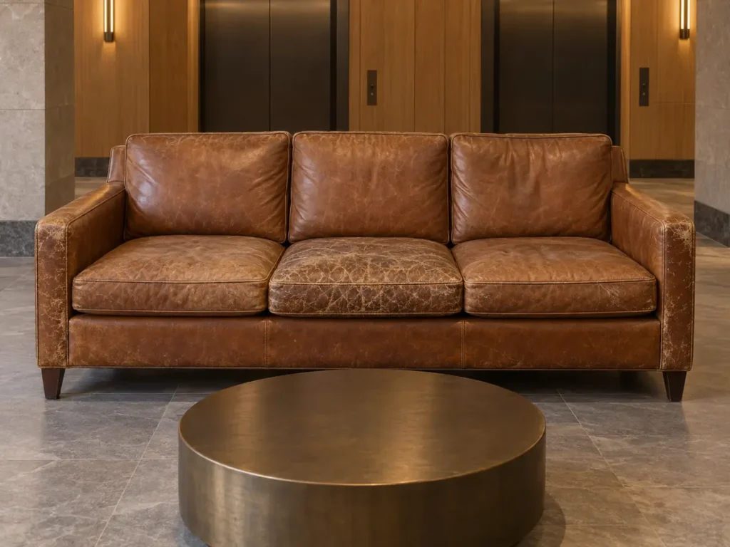 Worn, creased cognac leather sofa in a lobby, before restoration