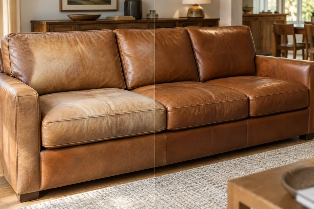Faded cognac leather sofa, before and after color restoration