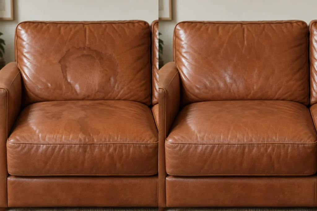 Cognac leather sofa with a water ring, before and after repair