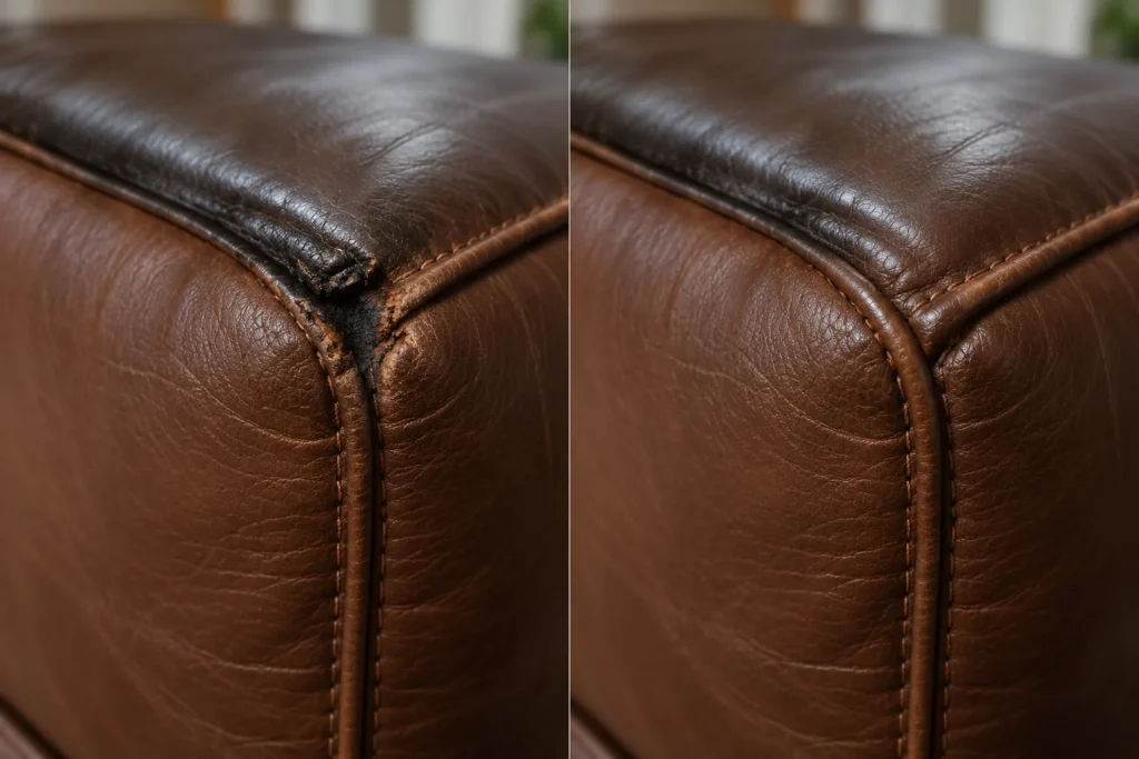 Burn mark on a dark brown couch edge before and after