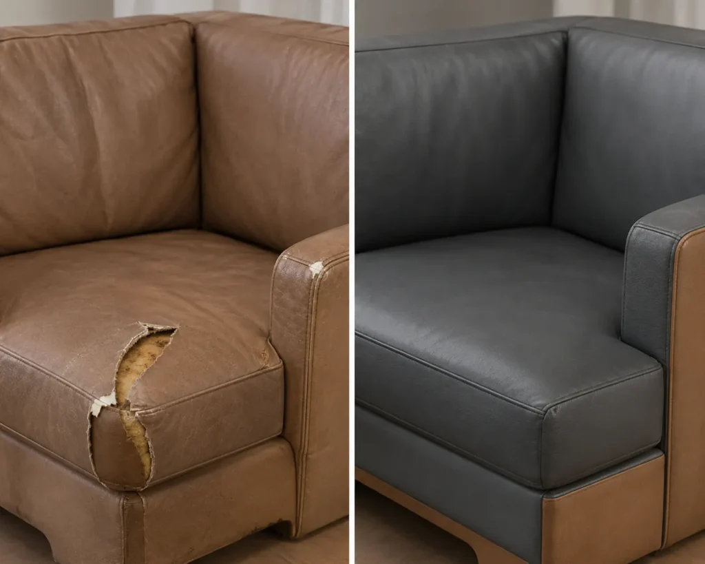 Lounge sofa in torn tan leather, before, and recovered in gray, after