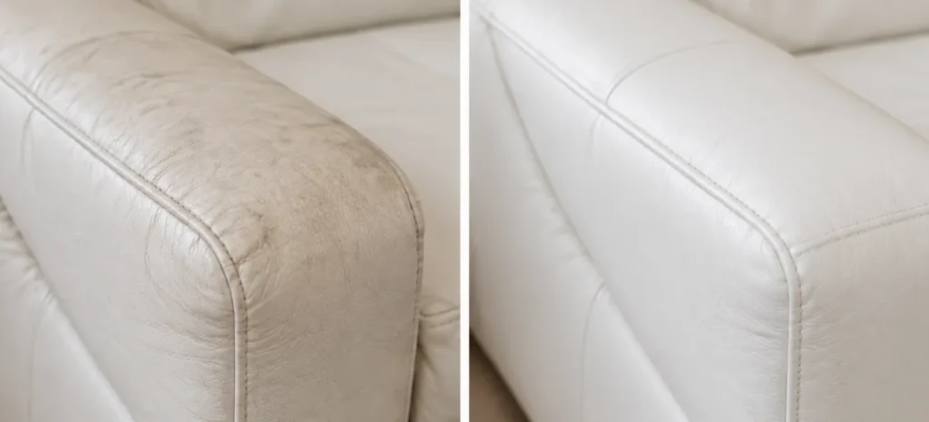 Dry cream leather sofa arm, before and after conditioning
