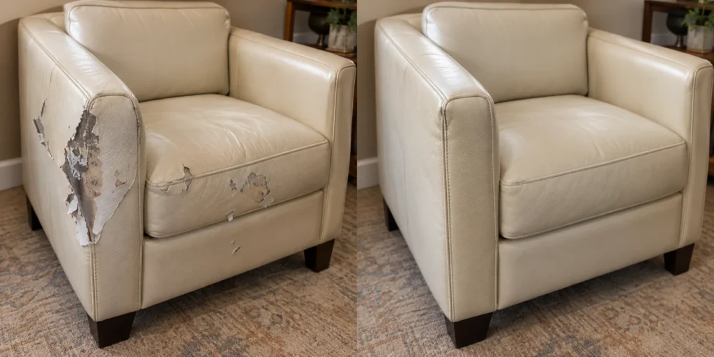 Cream leather armchair outside arm, before and after panel replacement