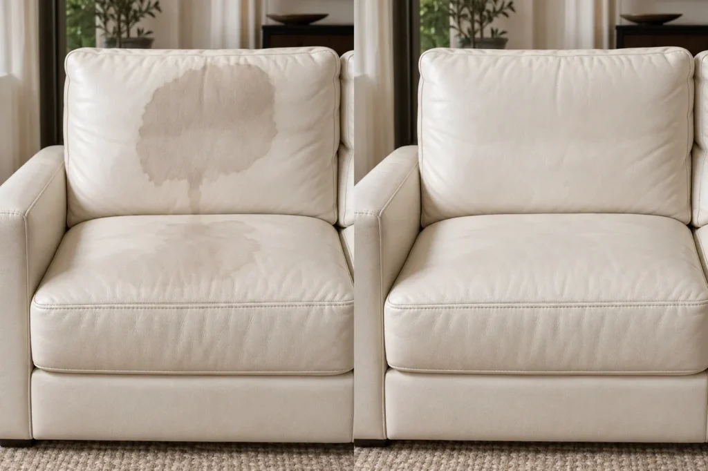 Cream leather armchair with water marks, before and after repair