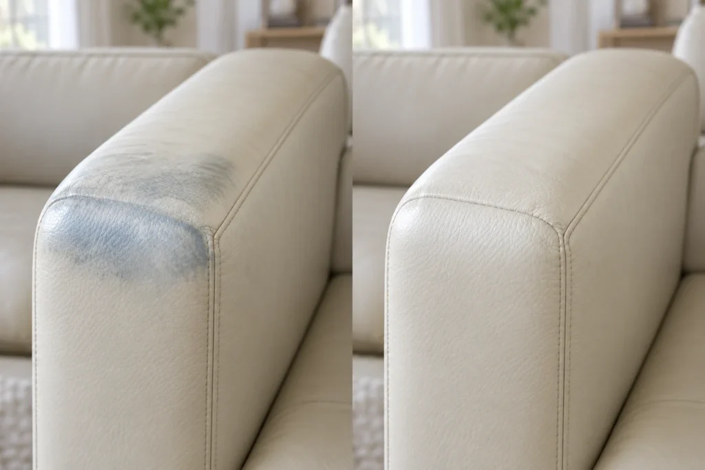 Old blue dye on a cream leather armrest, before and after
