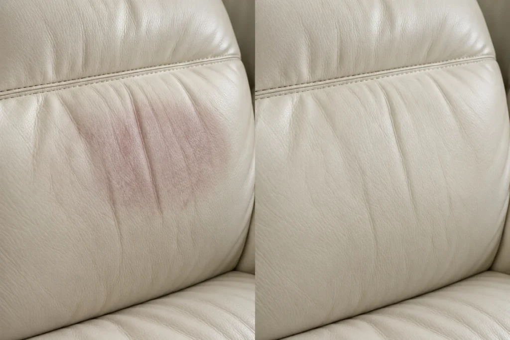 Red pillow dye on a cream leather backrest, before and after