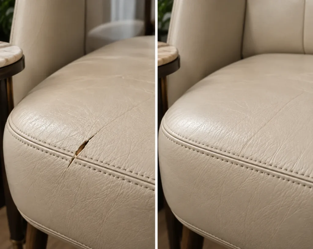 Cream leather chair before and after tear repair
