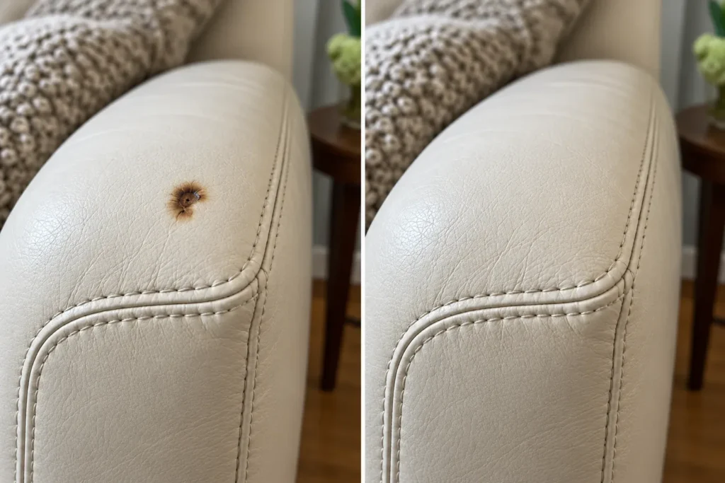 Cream leather chair headrest burn, before and after repair