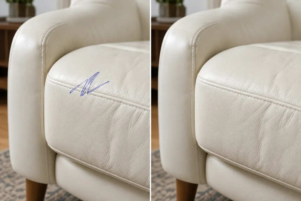 Pen scribble on a cream leather armchair, before and after removal
