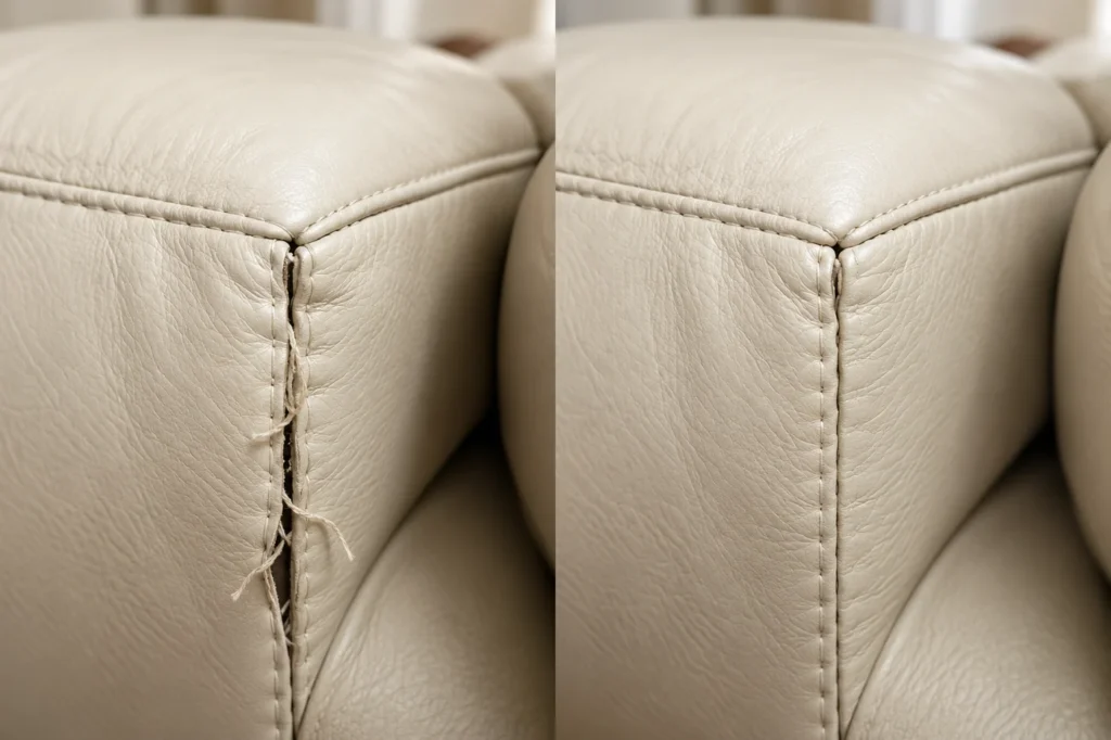 Cream leather corner with an opened seam, before and after repair